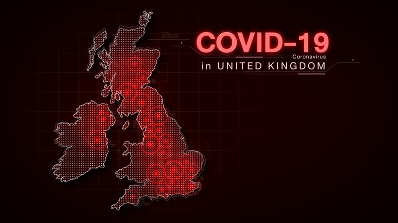 Map of United Kingdom with Coronavirus or Covid-19 infected countries.