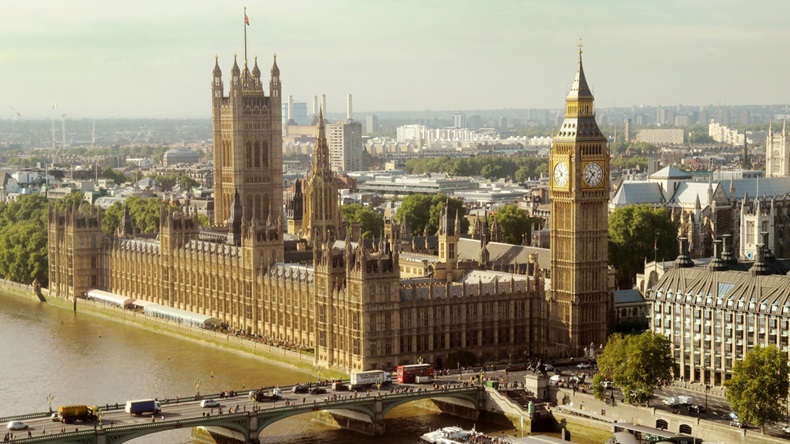 Aerial view of Westminster bridge and parliament buildings, London, UK