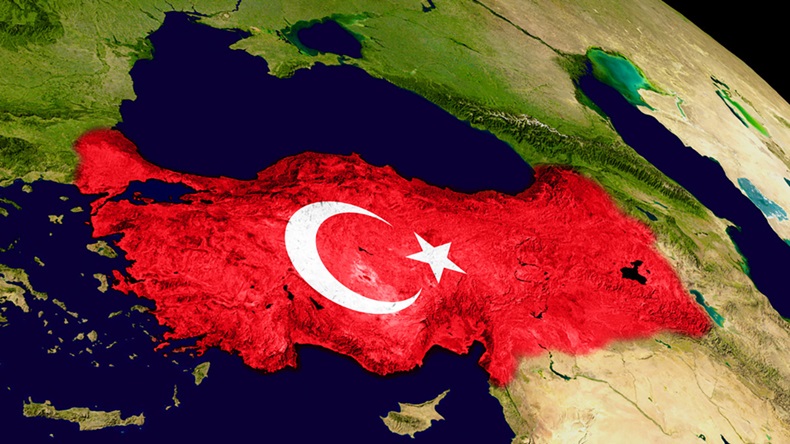 Map of Turkey with embedded flag on planet surface. 3D illustration. Elements of this image furnished by NASA.