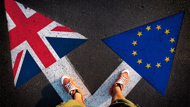 Red shoes from above on the white arrows,dilemmas concept brexit or eu