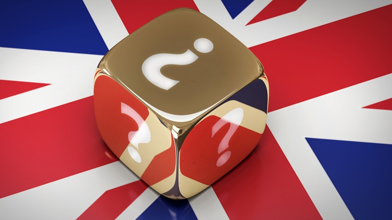 Flag of Great Britain with golden dice and a question mark - 3d illustration.