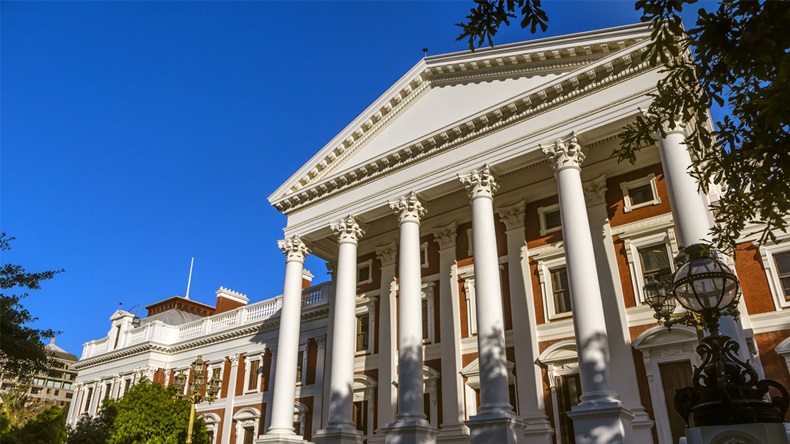 Republic of South Africa. Cape Town (Kaapstad). Facade of parliament building in a Neoclassical design, Cape Dutch architecture