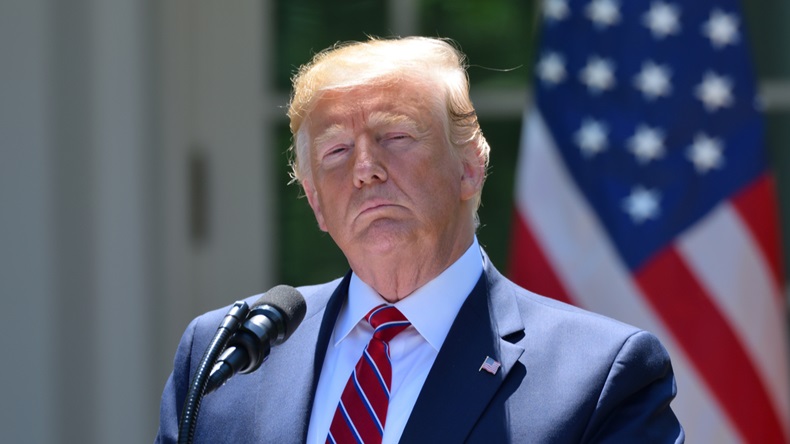WASHINGTON, DC - JUNE 12, 2019: President Donald Trump pauses with a serious face during a press conference in the Rose Garden of the White House with Polish President Andrzej Duda.