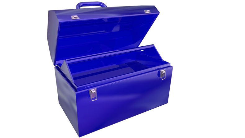 Blue metal open toolbox that is empty and ready to store tools for your projects or work