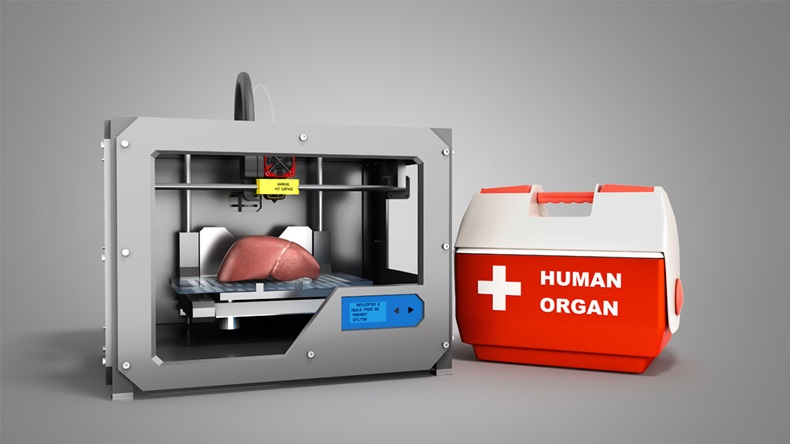 concept of transplantation process of creating human organs using 3D printer illustration isolated on grey