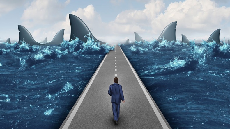 Headed for danger business concept as a man walking on a straight road towards a group of dangerous sharks as a metaphor and symbol of risk and courage from a person on a career path or life journey. - Illustration 