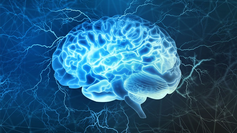 Human brain digital illustration. Electrical activity, flashes and lightning on a blue background. - Illustration 