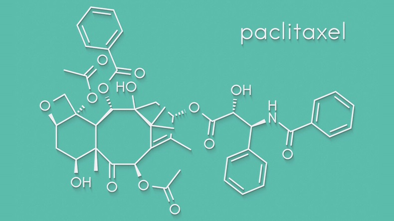 Paclitaxel cancer chemotherapy drug molecule. Skeletal formula. - Illustration 