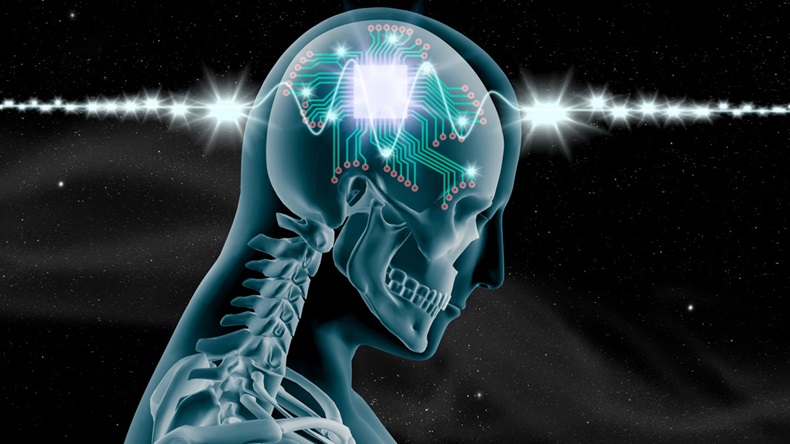 3D X-ray of human brain with computer chip and circuit on star and galaxy background - Illustration 
