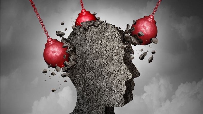 Painful Headache pain and pounding migraine concept as a human head made of cement being destroyed or renovated by a group of wrecking balls as a symbol for personal change as a 3D illustration. - Illustration 