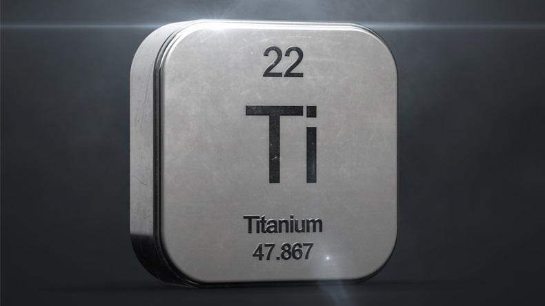 Titanium element from the periodic table. Metallic icon 3D rendered with nice lens flare 3D render - Illustration 