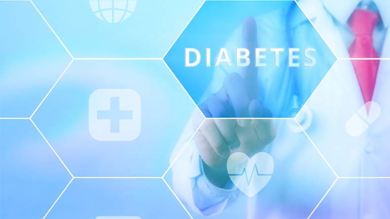 Medical doctor pressing 'Diabetes' button on virtual touch screen on blue technology background - Image 