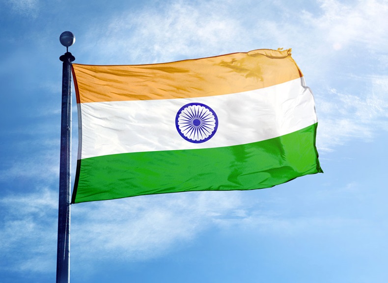 Flag of India, three horizontal bands or orange on top, white in the middle and green on the bottom. 