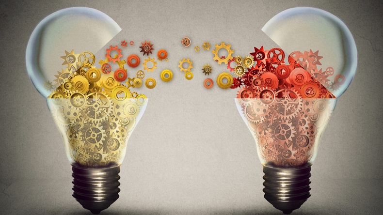 Idea exchange concept. Ideas agreement Investing in business innovation and financial commerce backing of creativity. Open lightbulb icon with gear mechanisms. Funding potential innovative growth - Image 