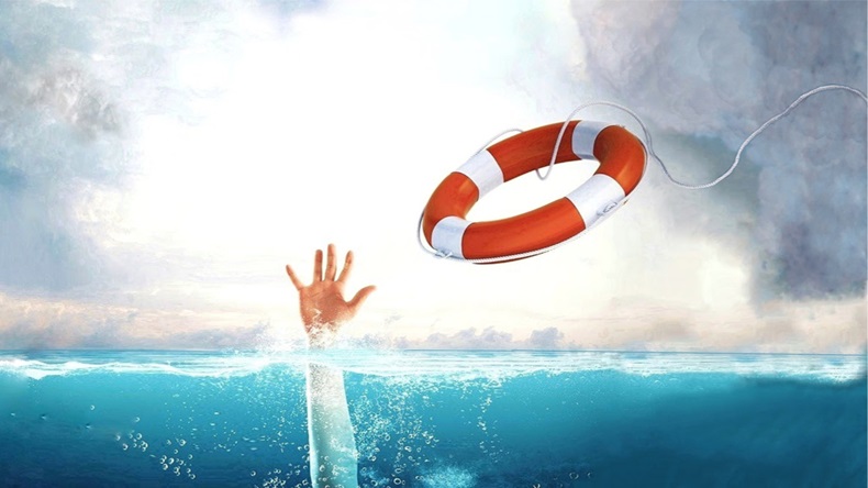 Thrown life buoy saving drowning person. - Image 