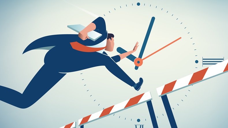  Competing Against Time. Businessman jumps over obstacle. Business vector illustration - Vector 