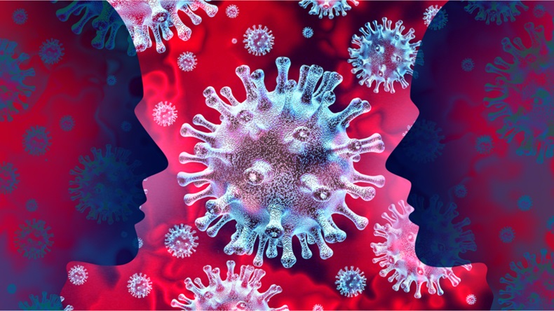 Coronavirus disease and flu outbreak or coronaviruses influenza background as dangerous viral strain case as a pandemic medical health risk concept with dangerous cells as a 3D render