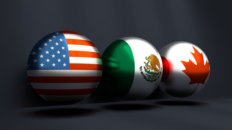 Acronym USMCA - United States Mexico Canada Agreement. 3D rendering. National flags on spheres. Trade union. Global teamwork. 3D rendering