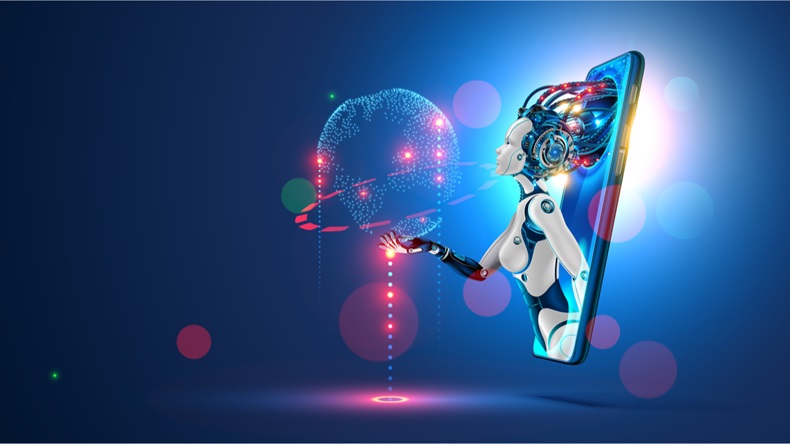 Artificial intelligence provide access to information and data in online networks via smartphone. AI in the form of woman cyborg or bot coming out of the screen phone and offers to use digital mind