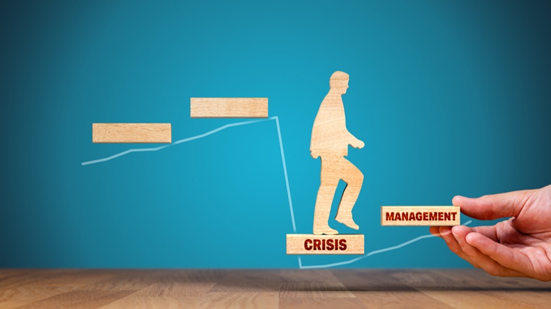 The crisis manager helps company overcome crisis to start new growth. Motivation for growth after crisis concept. Post covid-19 era management helping hand concept.