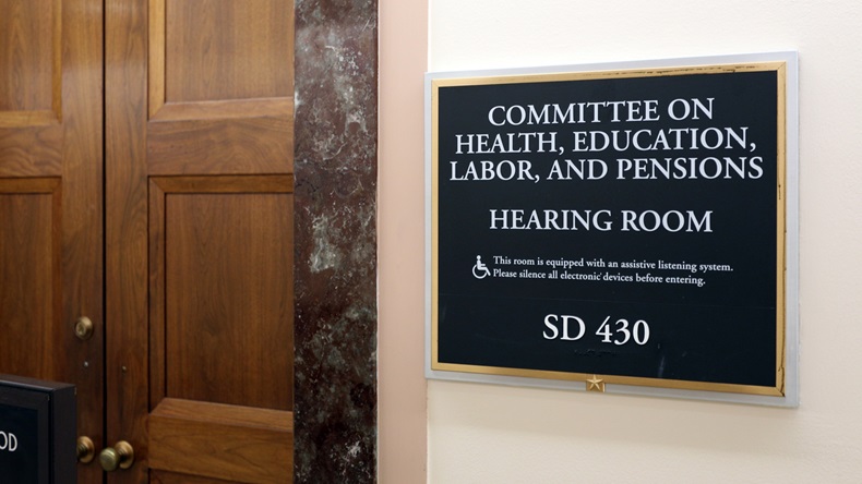 WASHINGTON - JULY 18: A sign at the entrance to a Senate Health, Education, Labor, and Pensions Committee room in Washington, DC on July 18, 2017. The Senate is the upper chamber of the US Congress.
