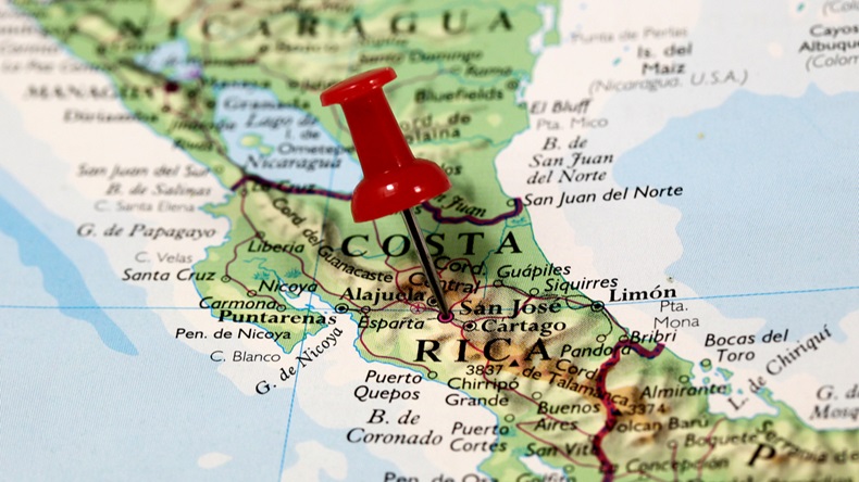 Map with pin point of Costa Rica in Caribbean