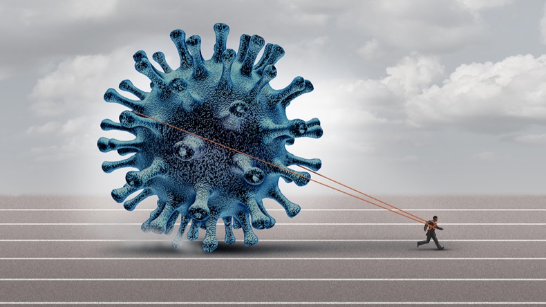 Disease burden concept as a burdened person or businessman pulling a heavy virus cell as a symbol for medical stress or influenza and coronavirus pressure with 3D illustration elements.