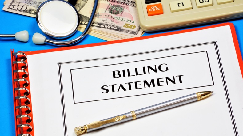 Billing statement. Text inscription in the form on the medical folder with documents. Payment for medical care. 