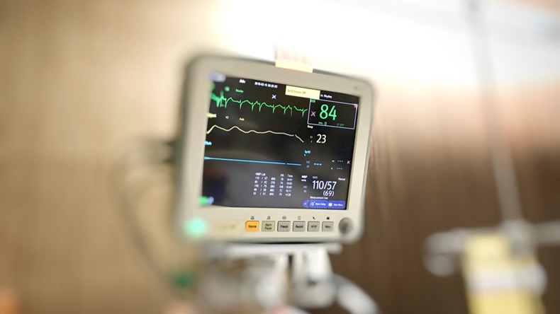 Display screen of vital signs monitor in the hospital.