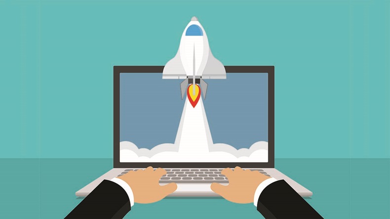 Illustration of a rocket launching from a laptop monitor.