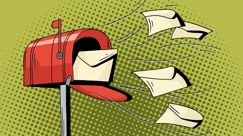 Comic hand drawn illustration - mail delivery with flying letters.