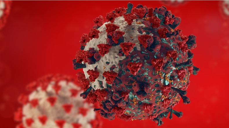 Illustration of a coronavirus cell mutating.