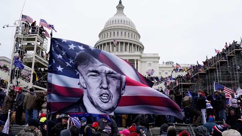 President Trump depicted in a US flag during riots of Pro-Trump supporters complaining about voter fraud in american elections. Washington, Jan. 06, 2021.