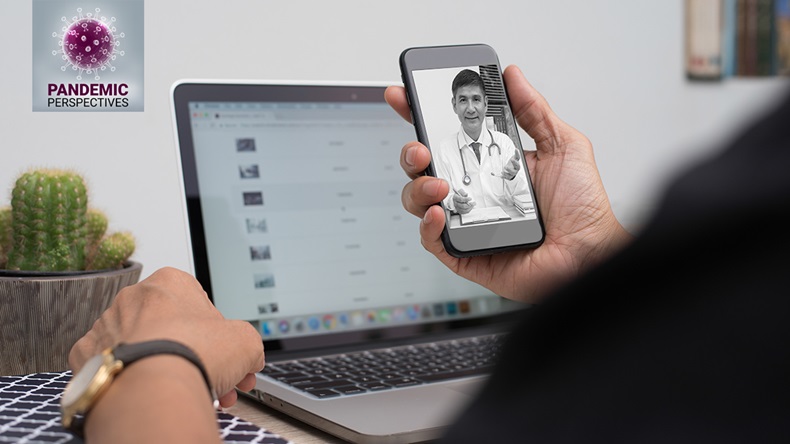 Patient listening to friendly doctor via mobile smartphone at home or office