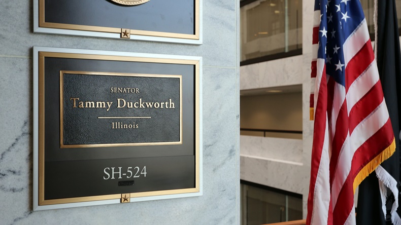 Nameplate and flag outside the office of US Sen. Tammy Duckworth (D-IL)