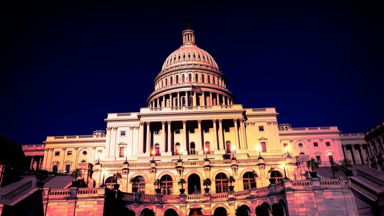 The US Capitol building in Washington,DC, at nightfall 