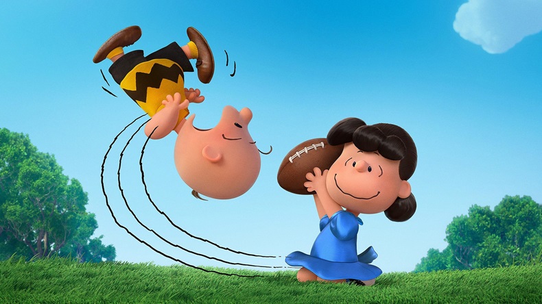 Lucy pulls the football away from Charlie Brown.