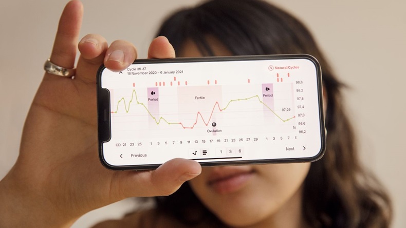 A user displays a screen within birth-control app Natural Cycles. 
