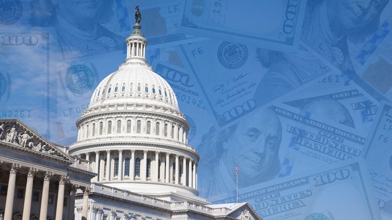 Image of Congress in the foreground with $100 bills raining in the background