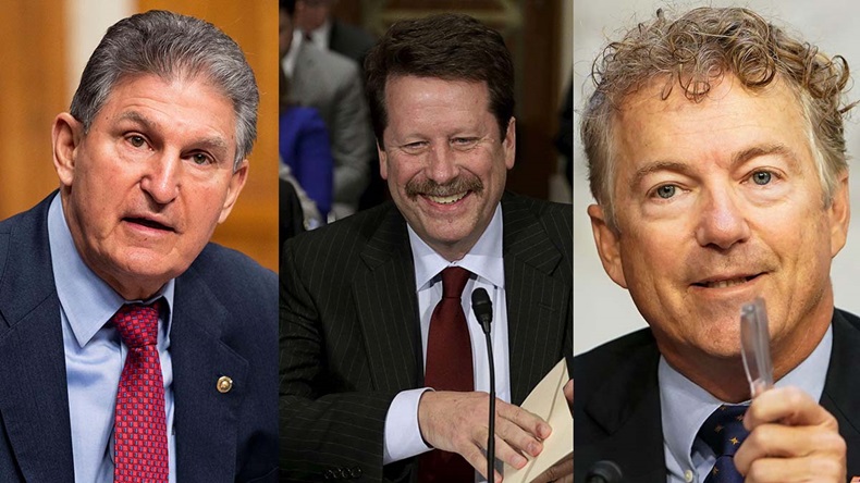 Sen. Joe Manchin (left), D-WV, has said no to confirming Robert Califf (center) to again helm the US FDA. Sen. Rand Paul (right), R-KY, could use the situation to deny President Biden a win according to experts