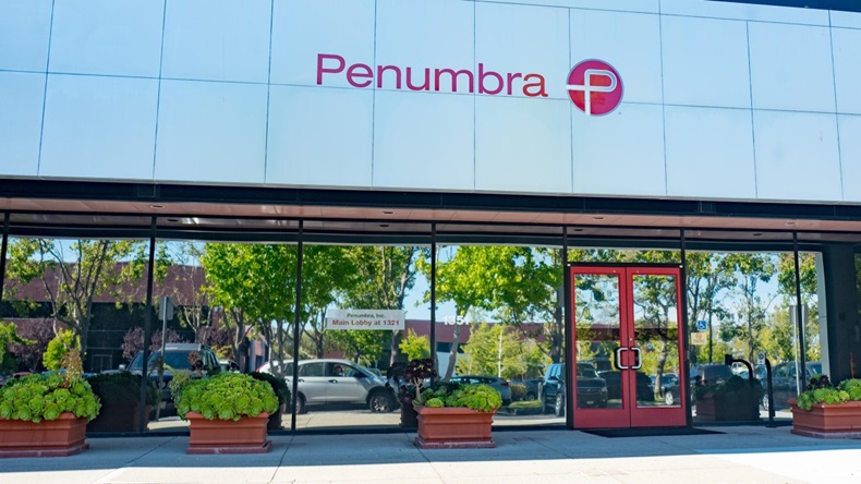 Facade at headquarters of pharmaceutical and medical device manufacturing company Penumbra on Bay Farm Island, Alameda, California