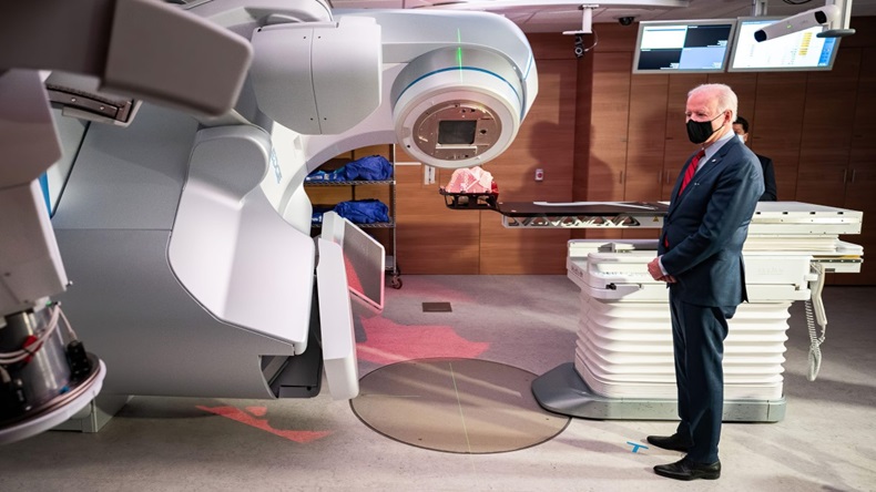 President Joe Biden tours the radiation oncology department at the Arthur James Cancer Hospital in Columbus, OH, on 23 March, 2021