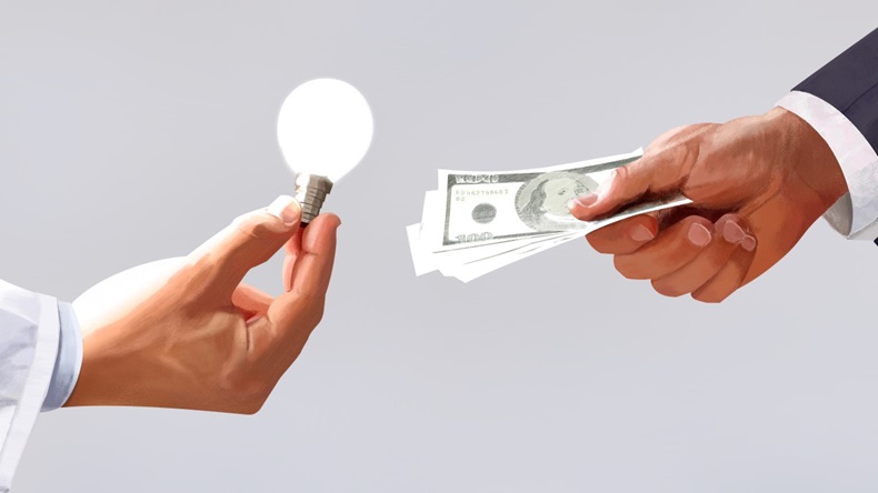 Researcher's hand holds out light bulb and businessman's hand offers money. Illustration of concept of research funding.