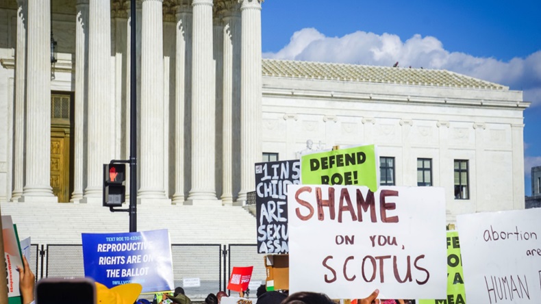 Pro-choice demonstrators gather in front of the US Supreme Court to protest the Dobbs v. Jackson decision on 24 June 2022.