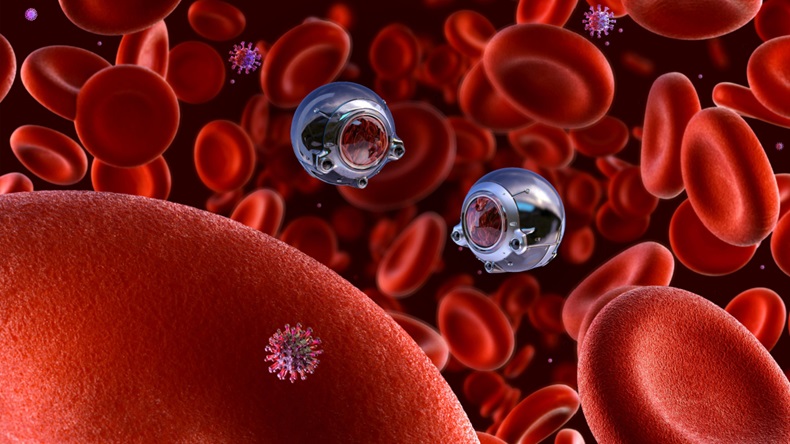 Futuristic illustration of nano bots, red blood cells and virus cells.