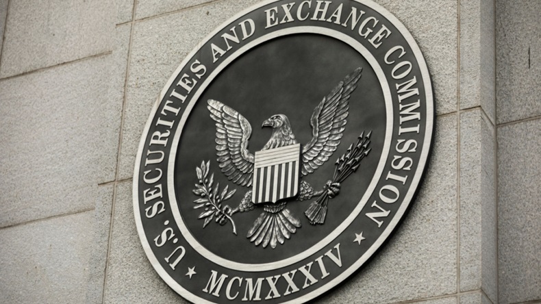 Logo on exterior of  US Securities and Exchange Commission building in Washington, DC. 