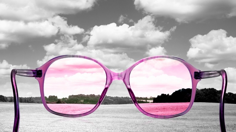 Photo illustration of a black-and-white landscape with a portion tinted pink through rose-colored glasses. 