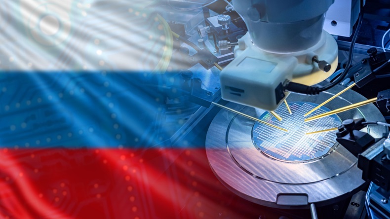 Russian flag superimposed on photo of high-tech production.