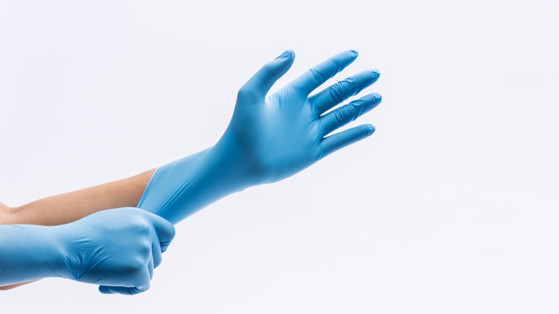 Hands pulling on  a pair of blue medical gloves against a white background.