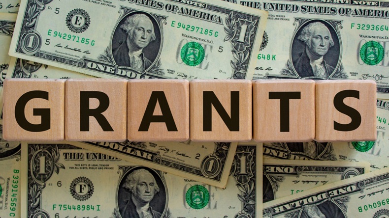 The word "grants" is spelled out in wooden blocks on a background of dollar bills. 